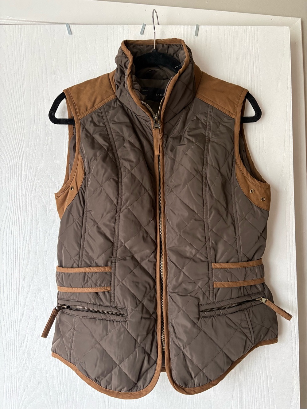 Zara Quilted Brown Vest with Tan Trim